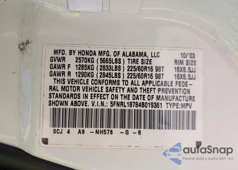 2004 Honda Odyssey Exl from USA, damaged, VIN 5FNRL18784B019361